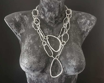 Silver Plated Statement Necklace, Fancy Large Abstract Chain Necklace, Boho Chunky Oversized Necklace A COZ42