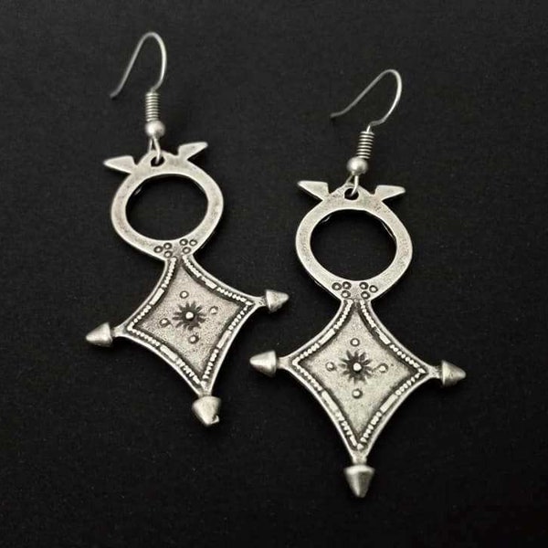 Boucles d'oreilles berbères croix touareg en plaqué argent, boucles d'oreilles tribales pendantes, bijoux ethniques CZ16