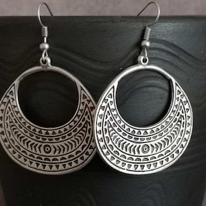 Ethnic Antique Silver Plated Dangle Earrings, Tribal Earrings, Bohemian Jewelry