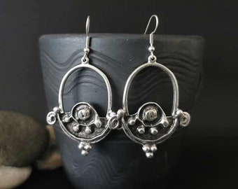 Ethnic Antique Silver Plated Dangle Earrings, Tribal African Inspired Earrings, Boho Jewelry