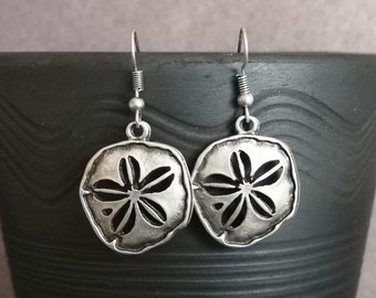 Ethnic Antique Silver Plated Sand Dollar Dangle Earrings, Boho Earrings, Beach Jewelry CZ34