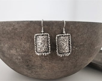Funky earrings, silver plated rectangular laced charms dangling bohemian earrings, christmas gift CZ39