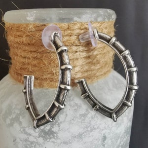 Antique silver open hoop earrings, minimalist dainty geometric trend minimal boho push back earrings, gift for her