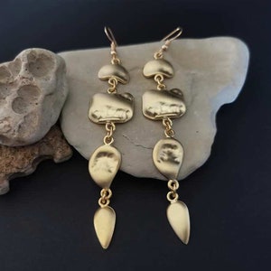 Gold plated long dangle earrings, organic shape lightweight drop earrings, minimalist thin squares geometric earrings