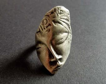 Bague visage abstrait en argent antique, bague décorative réglable, bijoux grecs anciens