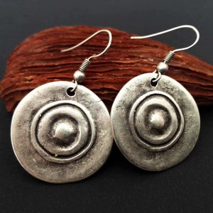 Silver plated charm earrings, dotted round earrings, shield earrings, BOHO dangling earrings, gift for her