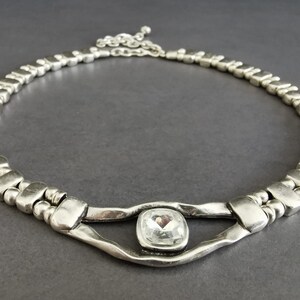 Bold beaded silver plated fancy necklace, luxurious clear crystal pendant choker, contemporary jewelry