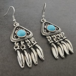 Turquoise chandelier earrings, silver plated dangling statement earrings, boho jewelry image 5