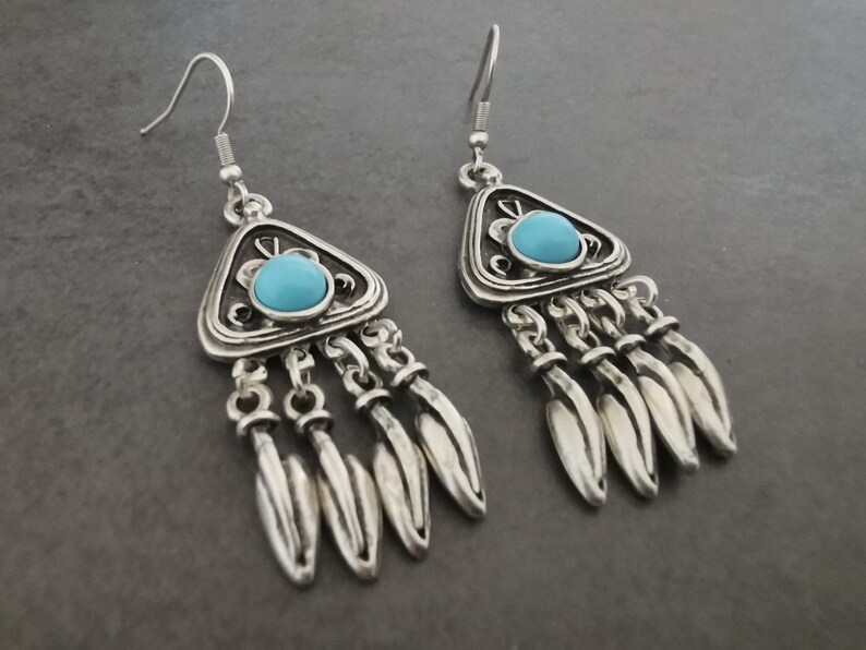 Turquoise chandelier earrings, silver plated dangling statement earrings, boho jewelry image 5