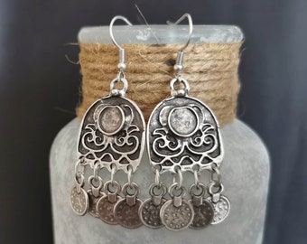 Ethnic chandelier dangling earrings, ottoman coin replica statement bohemian silver plated earrings