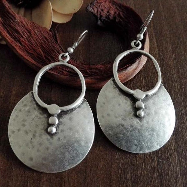 Large silver drop earrings, hammered hollow dangling earrings, african inspired ethnic earrings CZ1