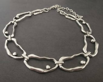 Silver Plated Abstract Free Form Bold Chain Link Necklace, Fancy Bohemian Choker Necklace, Minimalist Contemporary Jewellery