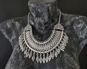 Silver statement beaded necklace, antique silver plated bohemian chunky bib necklace, ethnic tribal middle east jewelry COZ18