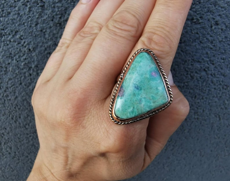 Stone Ring Copper Charm Jewelry Handmade Romantic Gift Women Valentine Jewelry Copper Piece Sea Green Turquoise Beads Ruby Zoisite Bohemian Statement Accessory Hammered Texture Design Open Ring Boho Witchy Artisan Crafted