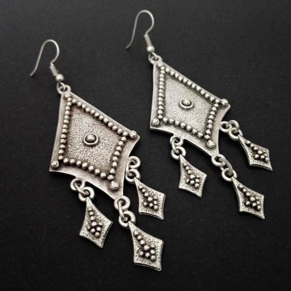 Ethnic Silver Plated Chandelier Dangling Long Earrings, Bohemian Jewelry