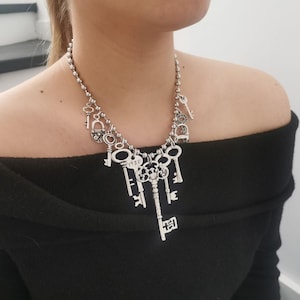 Padlock and keys chunky necklace, thick stainless steel ball chain choker, silver plated charms necklace