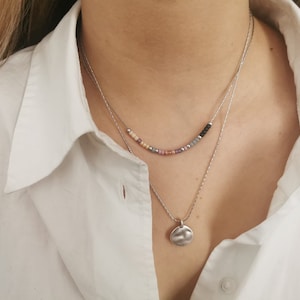 Set of two layered necklaces, silver plated stacking charm necklace, women minimal beaded dainty chocker, multi layer boho necklaces CM1