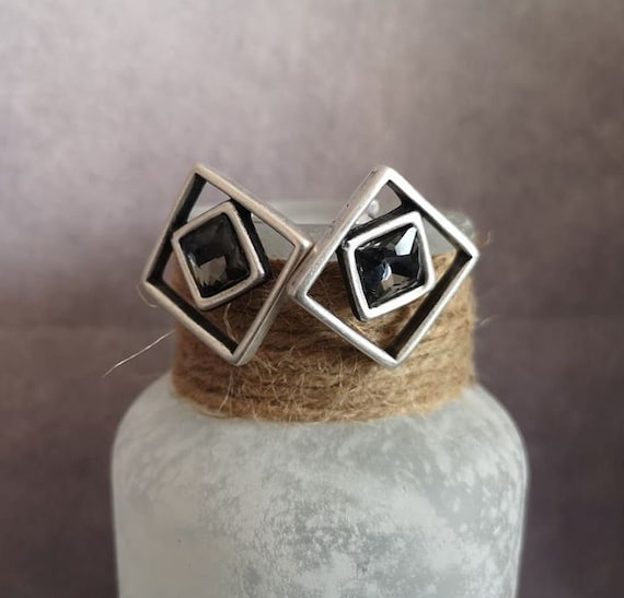 Minimalist geometric square shape silver plated stud earrings, gray crystal dainty push back earrings
