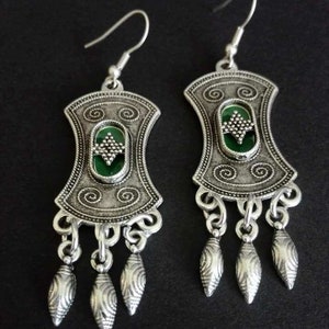 Ethnic Silver Plated Chandelier Earrings, Boho Green Enamel Earrings, Moroccan Jewelry image 4