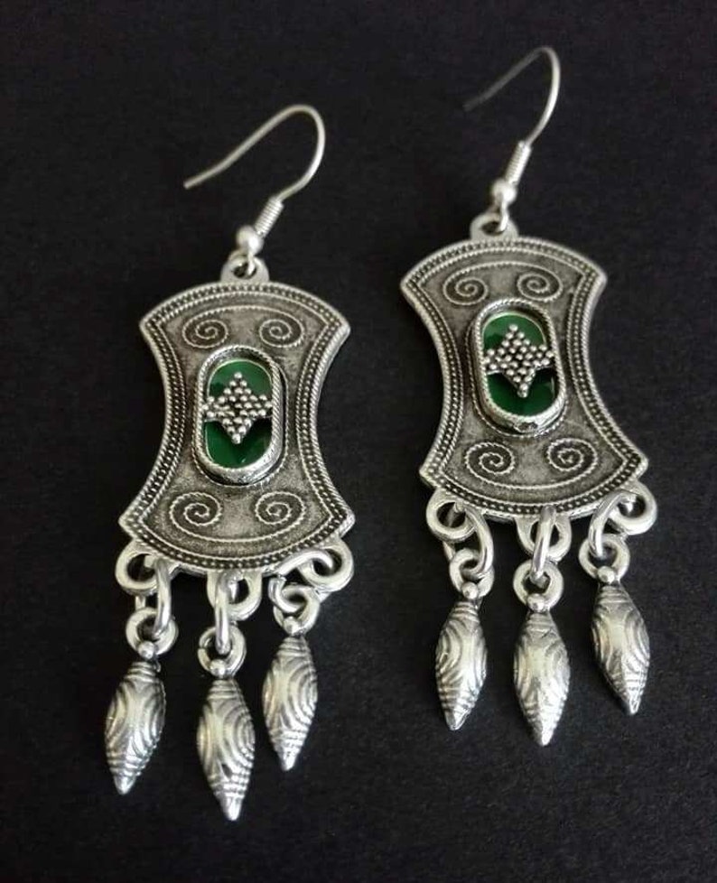 Ethnic Silver Plated Chandelier Earrings, Boho Green Enamel Earrings, Moroccan Jewelry image 4
