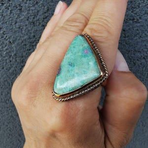 Ruby Zoisite Stone Ring Copper Charm Jewelry Handmade Romantic Gift Women Valentine Jewelry Copper Piece Sea Green Turquoise Beads Ruby Zoisite Bohemian Statement Accessory Hammered Texture Design Open Ring Boho Witchy Artisan Crafted
