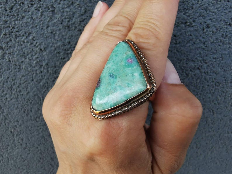 Ruby Zoisite Stone Ring Copper Charm Jewelry Handmade Romantic Gift Women Valentine Jewelry Copper Piece Sea Green Turquoise Beads Ruby Zoisite Bohemian Statement Accessory Hammered Texture Design Open Ring Boho Witchy Artisan Crafted