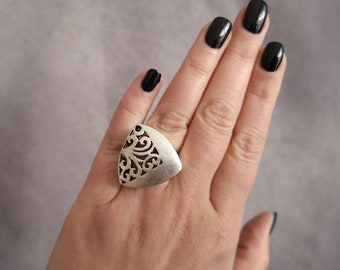 Silver statement dome ring, boho chic wide triangle filigree ring, adjustable carved ring, dainty stacking minimal ring