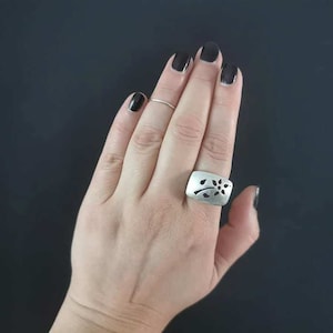 Silver dome ring, Boho floral engraved statement ring, bohemian rectangular shape ring
