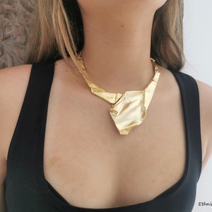 Matte Gold Plated Asymmetrical Statement Necklace, Gold Bohemian Chunky Bib Necklace, Ethnic Jewelry COA7