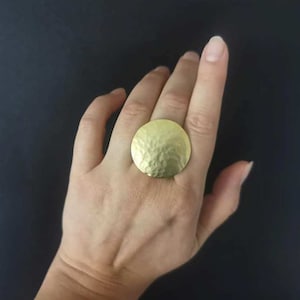 Bohemian Matte Gold Plated Round Shape Statement Ring, Ethnic Adjustable Hammered Ring, Boho Jewelry