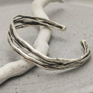 Silver Plated Brass Cuff Bracelet, Industrial Brutalist Stacking Open Bangle, Oxidized Artisan Jewelry BN1