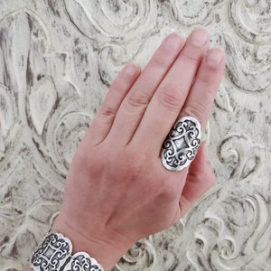 Ethnic Antique Silver Plated Statement Mandala Ring, Boho Engraved Floral Pattern Wide Chunky Adjustable Ring, US 8