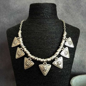 Ethnic Statement Necklace, Antique Silver Plated Bohemian Necklace, Tribal Afghan Jewelry