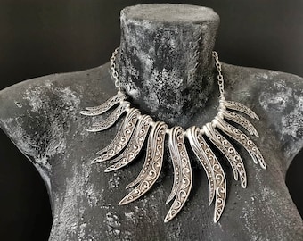 Boho Silver Plated Fringe Charm Statement Necklace, Antique Silver Bohemian Chunky Bib Necklace, Ethnic Jewelry
