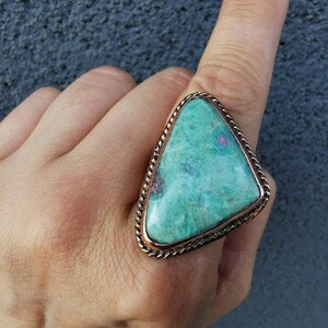 Sea Green Ring Copper Charm Jewelry Handmade Romantic Gift Women Valentine Jewelry Copper Piece Sea Green Turquoise Beads Ruby Zoisite Bohemian Statement Accessory Hammered Texture Design Open Ring Boho Witchy Artisan Crafted