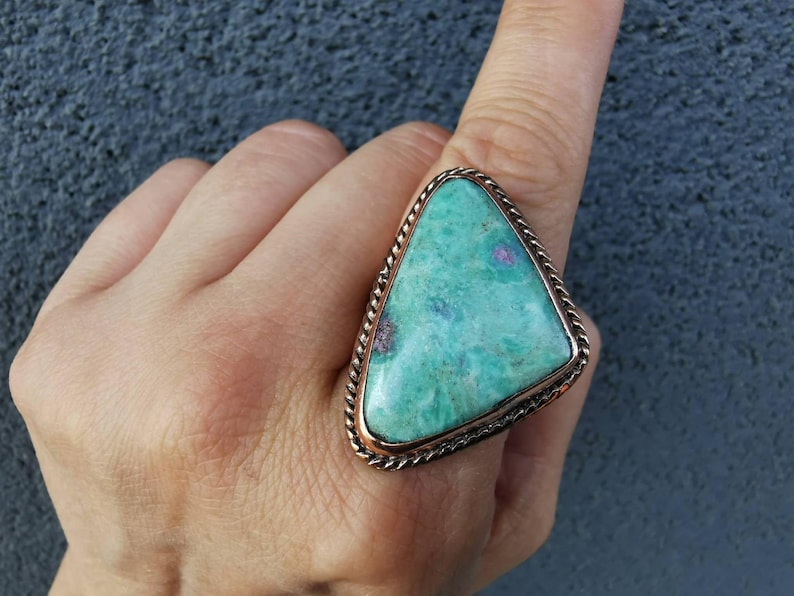 Sea Green Ring Copper Charm Jewelry Handmade Romantic Gift Women Valentine Jewelry Copper Piece Sea Green Turquoise Beads Ruby Zoisite Bohemian Statement Accessory Hammered Texture Design Open Ring Boho Witchy Artisan Crafted
