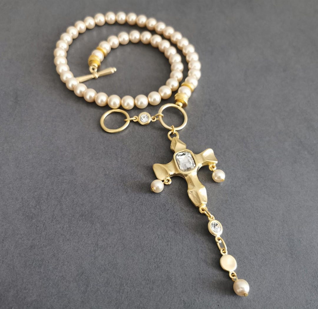 Collier Croix Perles Pour Femme, Gros Pendentif Croix Tendance, Idéal Pour Look Layéré Et Superposé