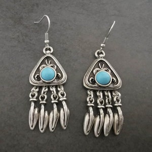 Turquoise chandelier earrings, silver plated dangling statement earrings, boho jewelry image 4
