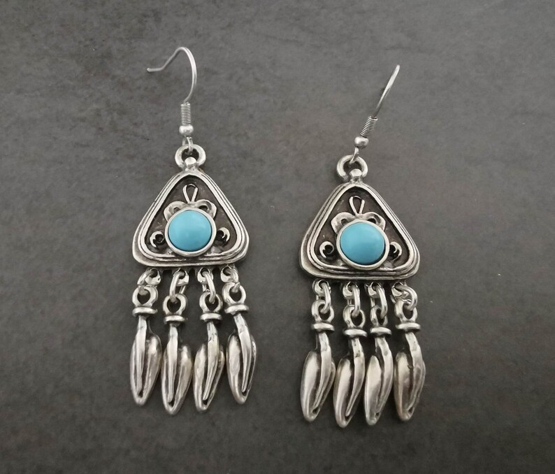 Turquoise chandelier earrings, silver plated dangling statement earrings, boho jewelry image 4