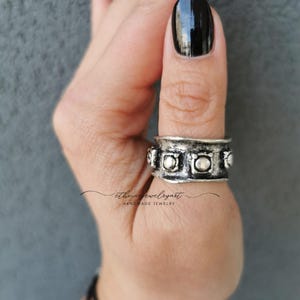 Wide band ring, antique silver plated textured shield ring, unisex ring