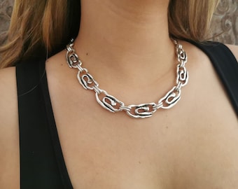 Antique Silver Plated Spiral Link Necklace: Chunky Adjustable Chain Choker