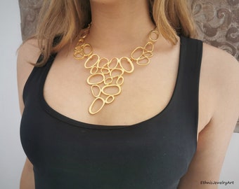 Gold Plated Asymmetrical Statement Necklace, Matte Gold Bohemian Chunky Bib Necklace, Ethnic Jewelry COA6