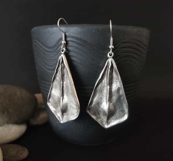 Boucles D'oreilles Pendantes Anciennes - Argent Massif 925 - Style Ethnique / Créateur - Occasion