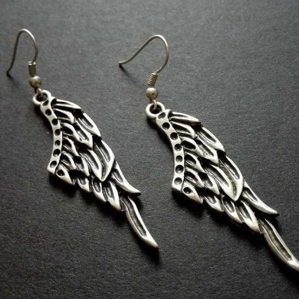 Silver angel wings earrings, tribal ethnic dangle earrings CZ42
