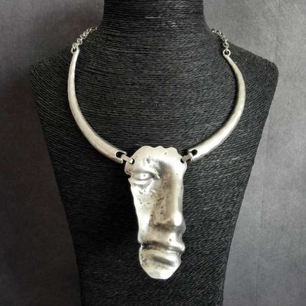 Tribal human face necklace, silver ethnic chunky necklace, bohemian jewelry, ancient silver mask large pendant necklace