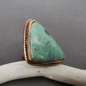 Gemstone Ring Copper Charm Jewelry Handmade Romantic Gift Women Valentine Jewelry Copper Piece Sea Green Turquoise Beads Ruby Zoisite Bohemian Statement Accessory Hammered Texture Design Open Ring Boho Witchy Artisan Crafted