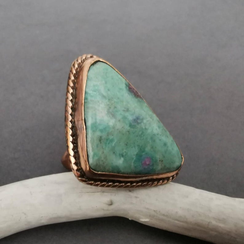 Gemstone Ring Copper Charm Jewelry Handmade Romantic Gift Women Valentine Jewelry Copper Piece Sea Green Turquoise Beads Ruby Zoisite Bohemian Statement Accessory Hammered Texture Design Open Ring Boho Witchy Artisan Crafted