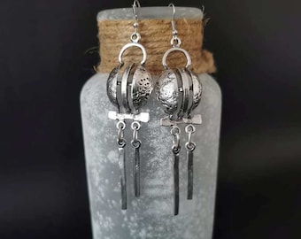 Antikes Silber überzogene lange Statement Ohrringe, geometrisches Design zierliche Ohrringe, Boho Schmuck