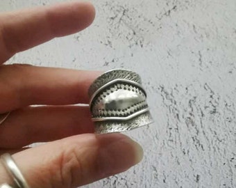 Silver Plated Boho Band Ring: Engraved Shield Design Stacking Ring, Tribal Jewelry
