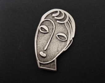 Antique Silver Plated Human Face Brooch, Ethnic Jewelry, Silver Plated Shawl Pin